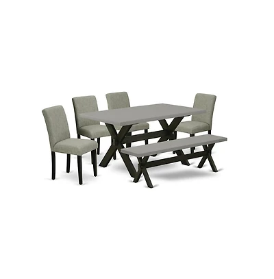 East West Furniture 6-Pc Kitchen Table Set - 4 Dining Chairs, a Dining Bench Cement Top and 1 Modern Cement Dining Table Top with High Chair Back