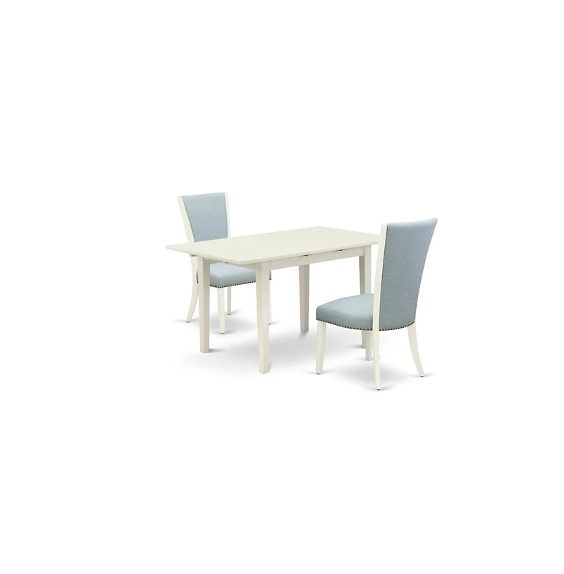 East West Furniture dining table set of two amazing kitchen chairs with Linen Fabric Baby Blue color and a gorgeous 12"" butterfly leaf rectangle dini