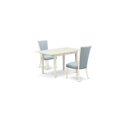 East West Furniture dining table set of two amazing kitchen chairs with Linen Fabric Baby Blue color and a gorgeous 12"" butterfly leaf rectangle dini