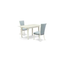 East West Furniture dining table set of two amazing kitchen chairs with Linen Fabric Baby Blue color and a gorgeous 12"" butterfly leaf rectangle dini