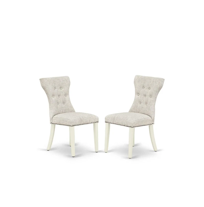 East West Furniture 3 Piece Table Set - Linen White dinner Table and 2 Doeskin Linen Fabric Kitchen Chairs Button Tufted Back with Nail Heads