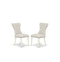 East West Furniture 3 Piece Table Set - Linen White dinner Table and 2 Doeskin Linen Fabric Kitchen Chairs Button Tufted Back with Nail Heads