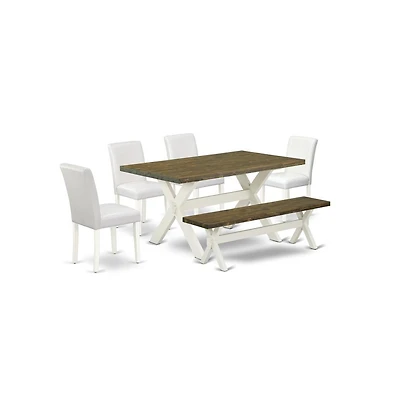 East West Furniture 6-Piece Gorgeous Rectangular Table Set a Good Distressed Jacobean Wood Dining Table Top and Distressed Jacobean Dining Bench and 4