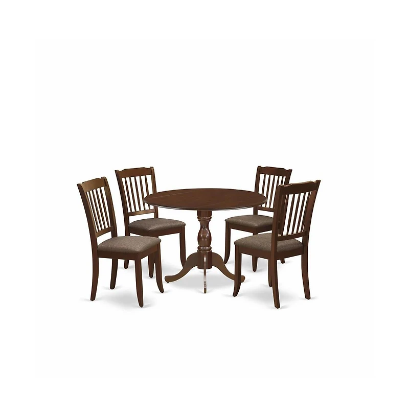 East West Furniture 5 Piece Wood Dining Table Set Consists of 1 Drop Leaves Dining Table and 4 Mahogany Linen Fabric Dinning Room Chairs with Slatted