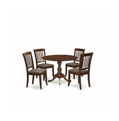 East West Furniture 5 Piece Wood Dining Table Set Consists of 1 Drop Leaves Dining Table and 4 Mahogany Linen Fabric Dinning Room Chairs with Slatted