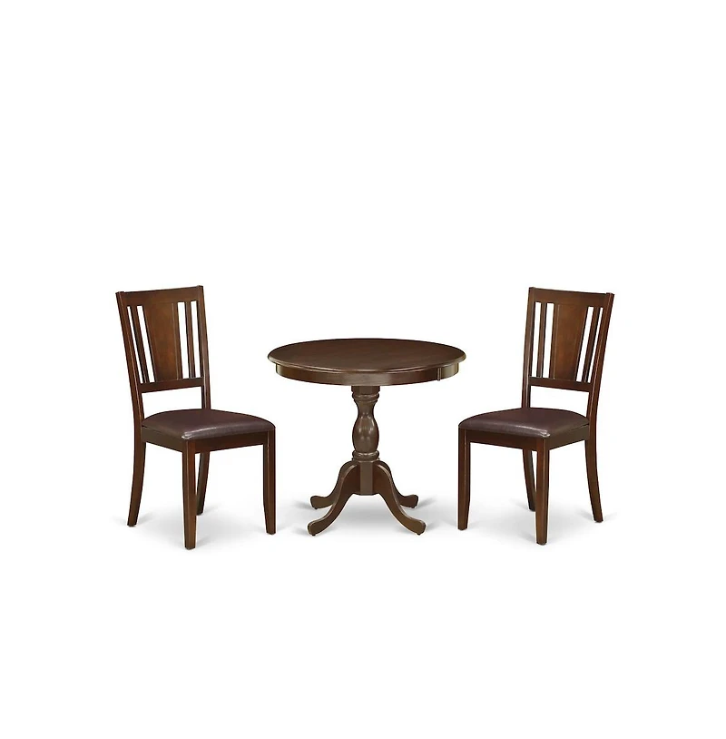 East West Furniture 3 Piece Modern Dining Table Set Contains 1 Round Pedestal Table and 2 Mahogany Faux Leather Kitchen Chair with Panel Back