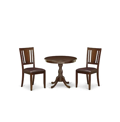 East West Furniture 3 Piece Modern Dining Table Set Contains 1 Round Pedestal Table and 2 Mahogany Faux Leather Kitchen Chair with Panel Back