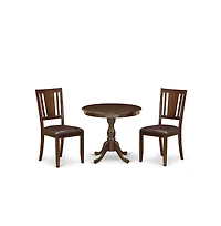 East West Furniture 3 Piece Modern Dining Table Set Contains 1 Round Pedestal Table and 2 Mahogany Faux Leather Kitchen Chair with Panel Back