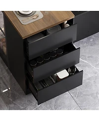 Kitchen island with 3 drawers, glass shelves, light strip, kitchen island storage table with dining table, coffee station and microwave rack for home,