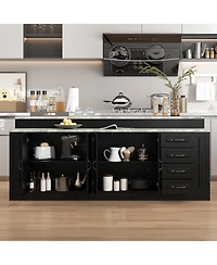 Kitchen island with 4 drawers, 4 doors, sockets, kitchen island storage table with dining table, coffee station and microwave rack for home, dining ro