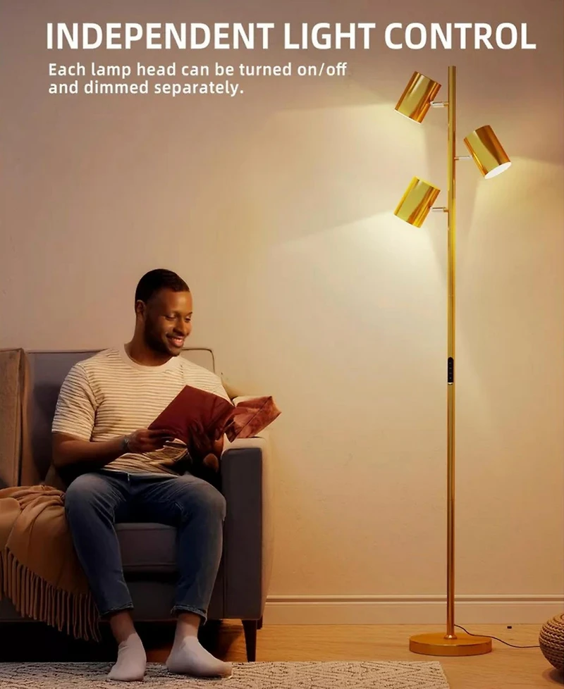 Sugift Modern 3-Head Adjustable Floor Lamp with Independent Switches, Led Bulbs Included, Tall Standing Lamp