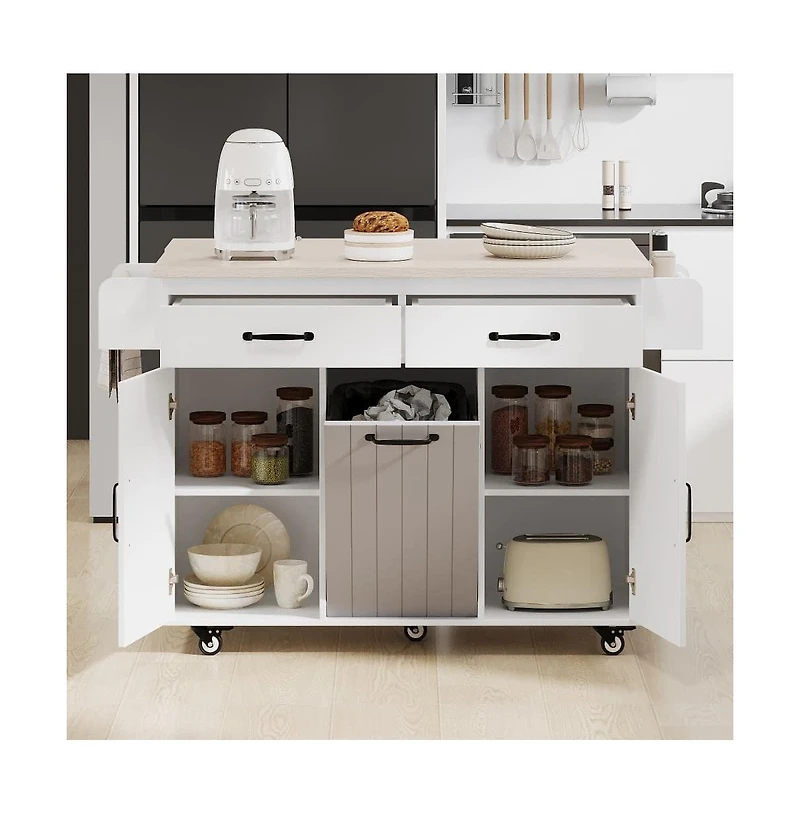 Maison Boucle Rolling Kitchen Island with Drop Leaf and Trash Can Storage, Mobile Cart with Drawers & Cabinets for Small Kitchens-Maison Boucle