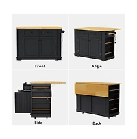 Maison Boucle 48'' Farmhouse-Style White Kitchen Island Cart with Foldable Countertop, Power Strip, 5 Side Racks, and Drawers-Maison