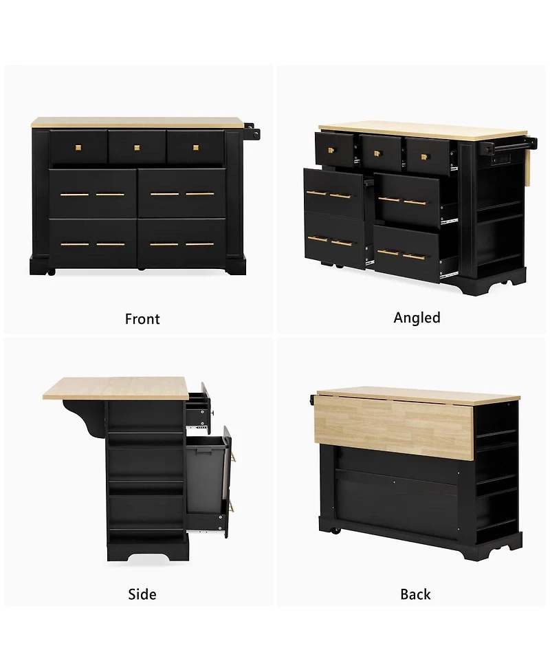 Maison Boucle Rolling Kitchen Island Cart with 6 Drawers, Pull-Out Trash Bin Cabinet, Drop Leaf, Power Outlet & Side Racks for Storage-Maison