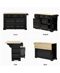 Maison Boucle Rolling Kitchen Island Cart with 6 Drawers, Pull-Out Trash Bin Cabinet, Drop Leaf, Power Outlet & Side Racks for Storage-Maison