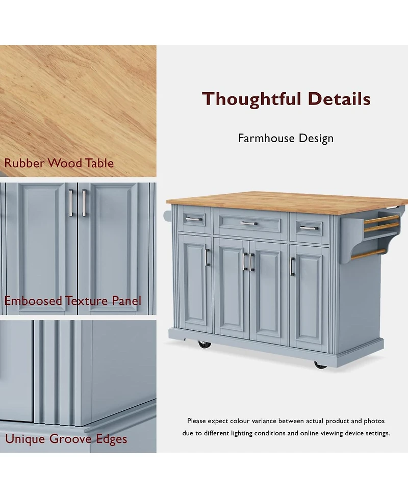 Maison Boucle 47.2" Grey Blue Kitchen Island Cart with Drop Leaf, Drawers, Cabinets, Adjustable Shelves & Spice Rack on Wheels-Maison