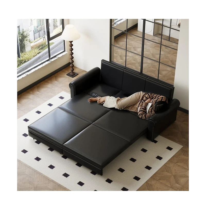 Maison Boucle 93.7" Faux Leather King Pull Out Sofa Bed, 3-in-1 Convertible Sleeper Couch with Rolled Arms & Nailhead Trim for Living Room-Maison Bouc