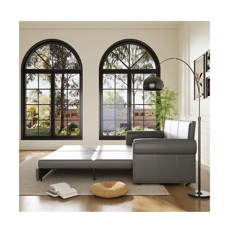 Maison Boucle 93.7" Faux Leather King Pull Out Sofa Bed, 3-in-1 Convertible Sleeper Couch with Rolled Arms & Nailhead Trim for Living Room-Maison Bouc