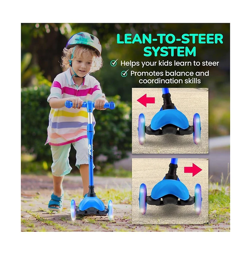 Lightweight and Adjustable Mini Kickboard Scooter with Led Light Wheel for Kids (Blue)
