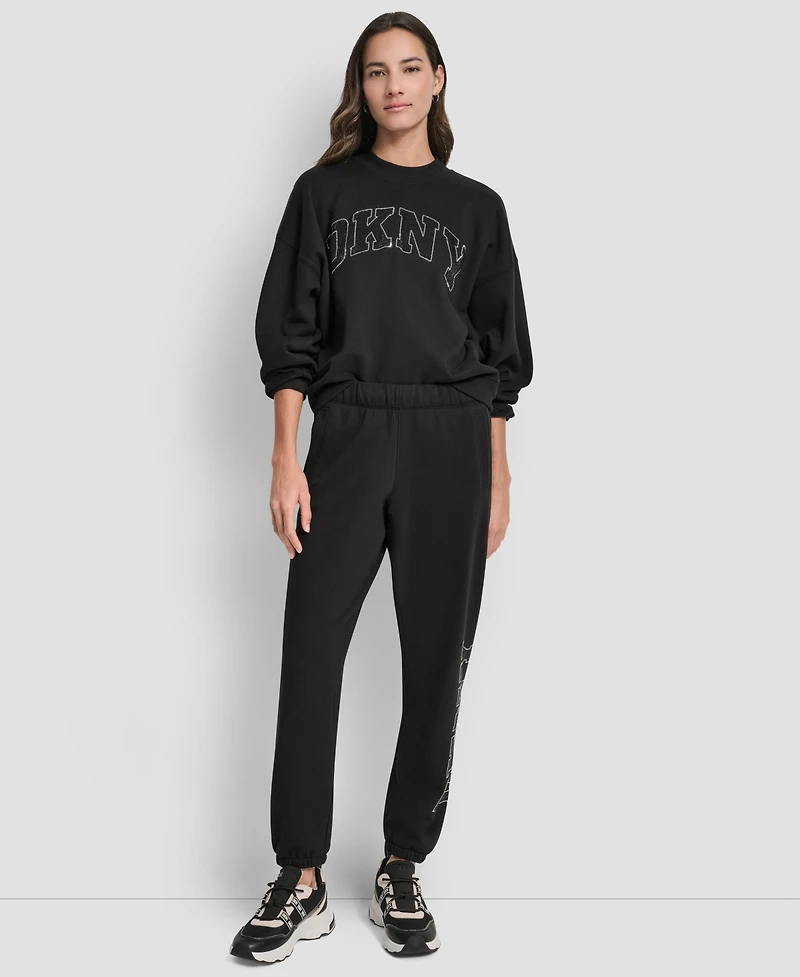 Dkny Women's Exploded Rhinestone Varsity Logo High Rise Relaxed Jogger