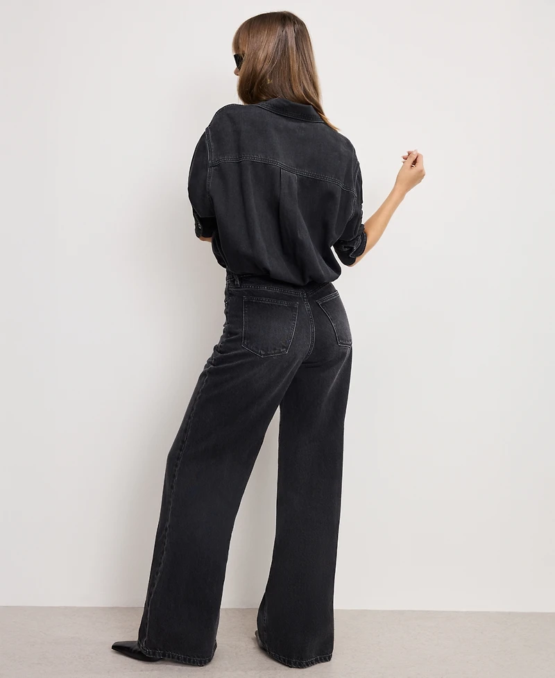 Good American Women's Denim Long Sleeve Shirt Jumpsuit, Regular and Plus