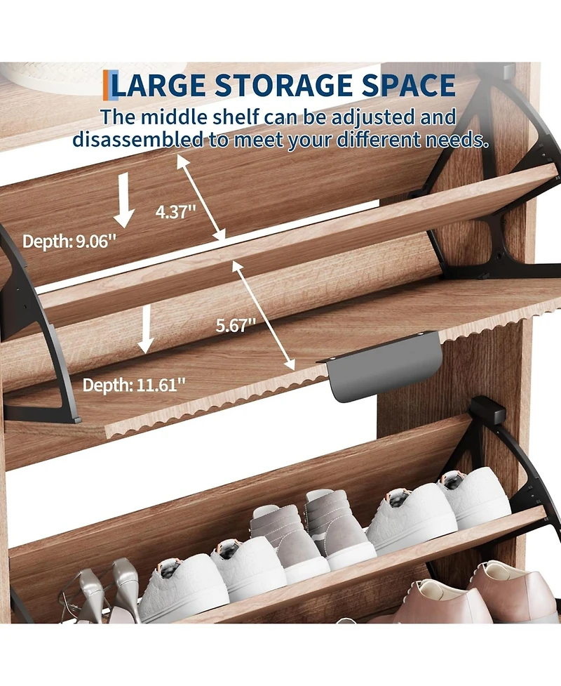 gaomon Narrow Shoe Cabinet Storage for Entryway, Modern Fluted Shoe Rack Organizer with 2 Flip Drawers and an Open Shelf for Hallway, Living Room, Nat