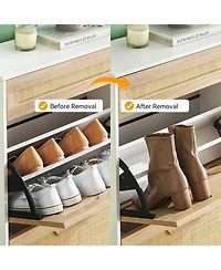Natural Rattan Storage Cabinet with 2 Flip Drawers, Wooden Entry Way Cabinet with Storage with Adjustable Shelf and Metal Legs, White