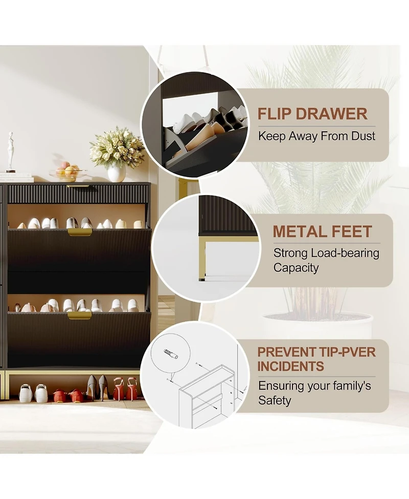 gaomon Wave Design Shoe Cabinet with 2 Flip Drawers, a Drawer,Wooden Shoe Organizer with Large Capacity, Hidden Shoe Racks for Entryway, Black