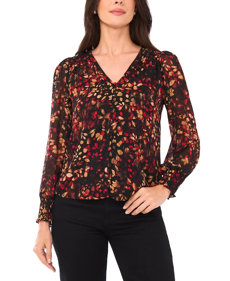 Sam & Jess Petite Smocked Shoulder Long Sleeve Blouse