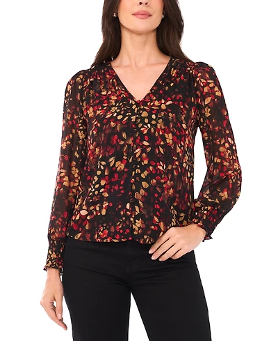 Sam & Jess Petite Smocked Shoulder Long Sleeve Blouse