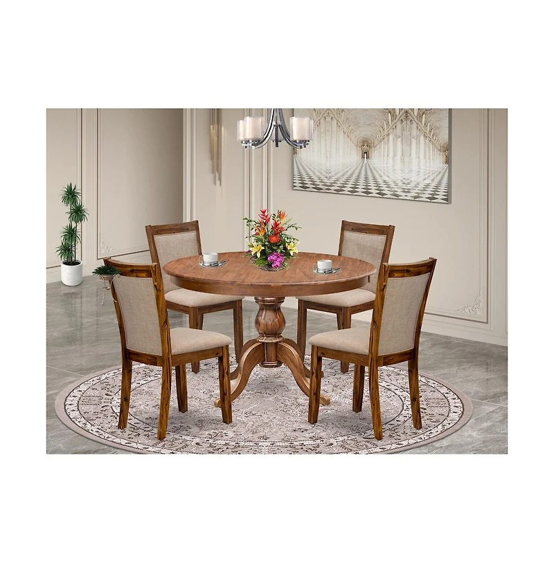 Luxe by East West Furniture 5-Pc Kitchen Table Set A Pedestal Wooden Table, 4 Light Tan Fabric Dining Chairs