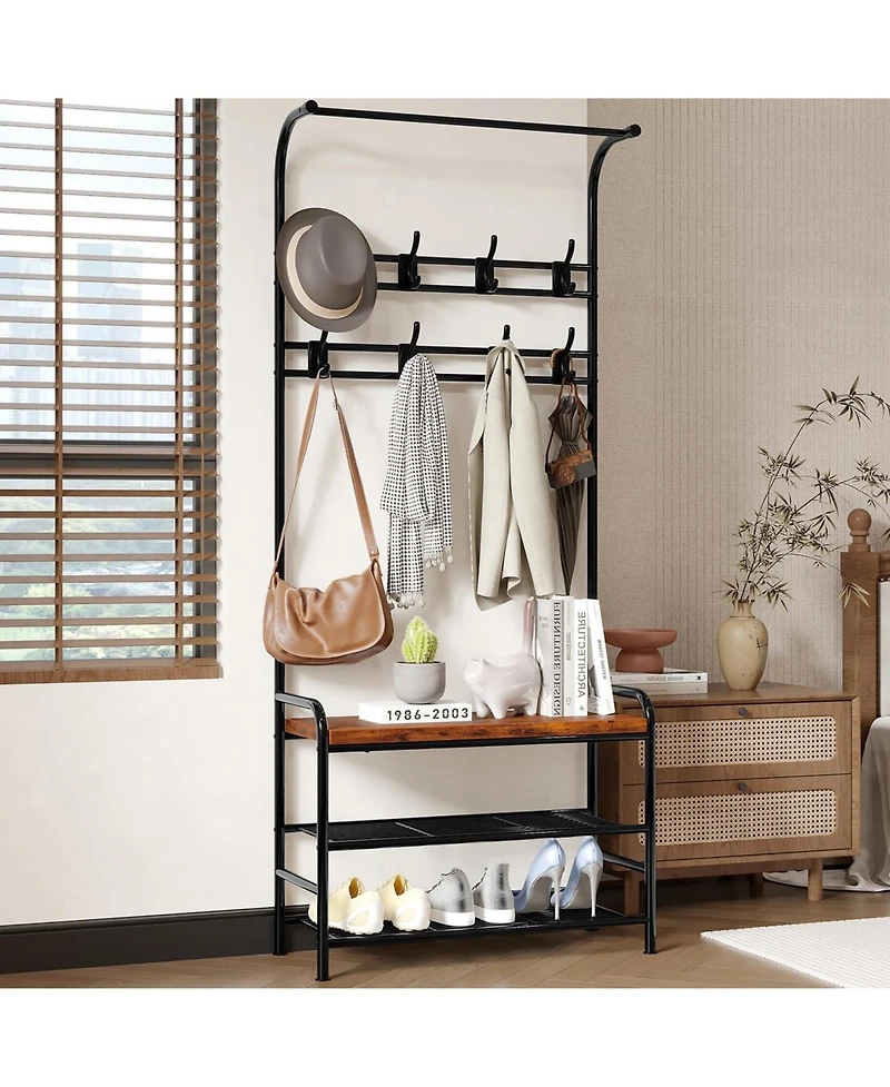 Hall Tree Shoe Bench, 4-in-1 Industrial Entryway Storage Bench with 8 Sturdy Hooks, Freestanding Coat Rack for Small Spaces, Apartments, Retro Brown