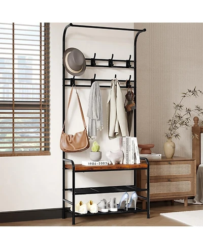 Hall Tree Shoe Bench, 4-in-1 Industrial Entryway Storage Bench with 8 Sturdy Hooks, Freestanding Coat Rack for Small Spaces, Apartments, Retro Brown