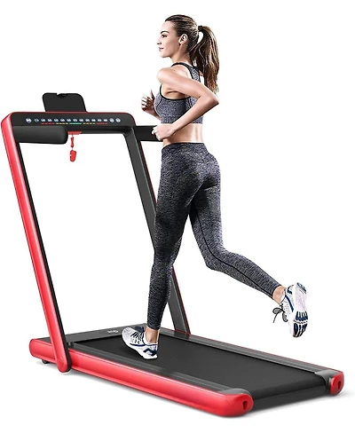 2-in-1 Electric Motorized Health and Fitness Folding Treadmill with Dual Display and Speaker-Red