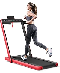 2-in-1 Electric Motorized Health and Fitness Folding Treadmill with Dual Display and Speaker-Red