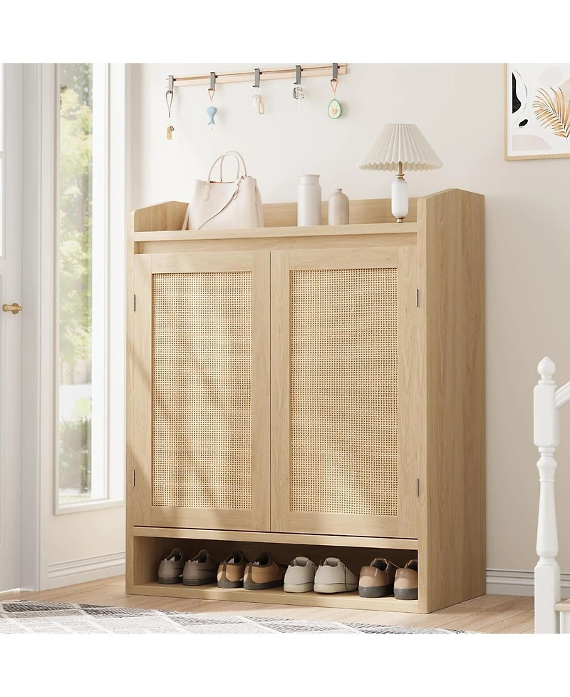 gaomon Rattan Shoe Cabinet with 2 Doors, Wooden Shoe Storage Organizer with Adjustable Shelves, 5-Tier Shoe Storage Cabinet for Entryway, Hallway, Clo