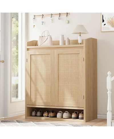 gaomon Rattan Shoe Cabinet with 2 Doors, Wooden Shoe Storage Organizer with Adjustable Shelves, 5-Tier Shoe Storage Cabinet for Entryway, Hallway, Clo