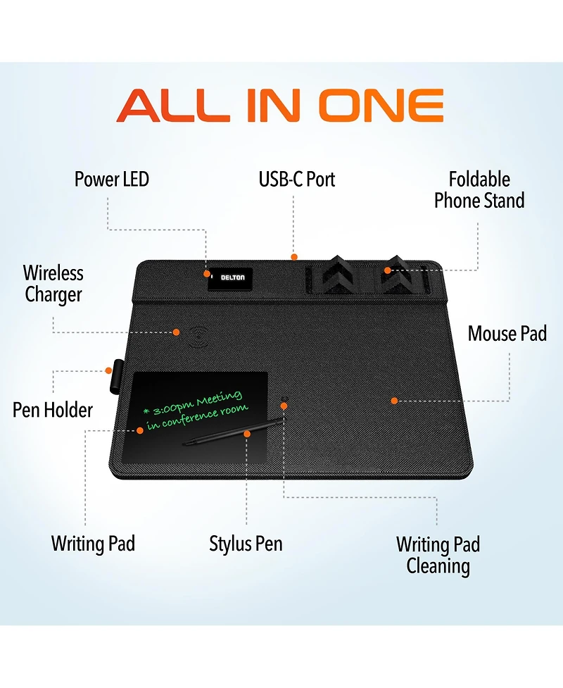 Delton D101 Wireless Charging Mouse Pad with Foldable Phone Stand & Writing Pad (DMP101WC)