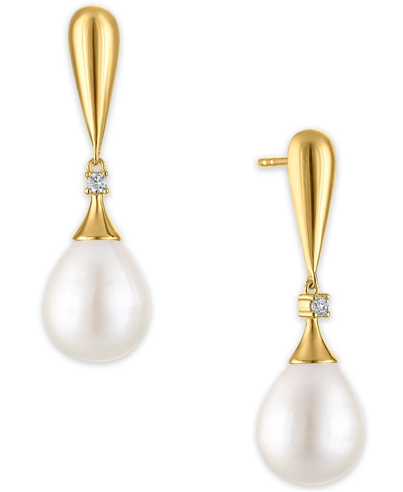 Macy's Cultured Freshwater Pearl and Cubic Zirconia Drop Earring (7.56 ct. t.w.) in 14K Gold over Sterling Silver