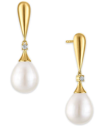 Macy's Cultured Freshwater Pearl and Cubic Zirconia Drop Earring (7.56 ct. t.w.) in 14K Gold over Sterling Silver