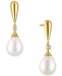 Macy's Cultured Freshwater Pearl and Cubic Zirconia Drop Earring (7.56 ct. t.w.) in 14K Gold over Sterling Silver