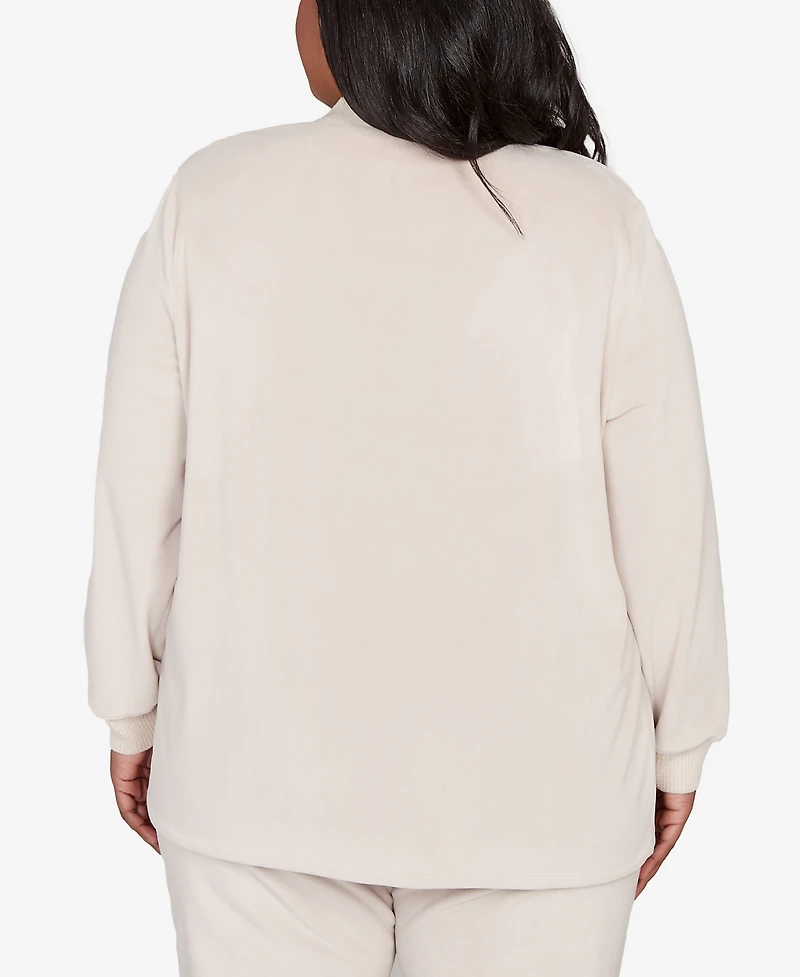 Alfred Dunner Plus Calm Luxe Open Front Rib Trim Cardigan