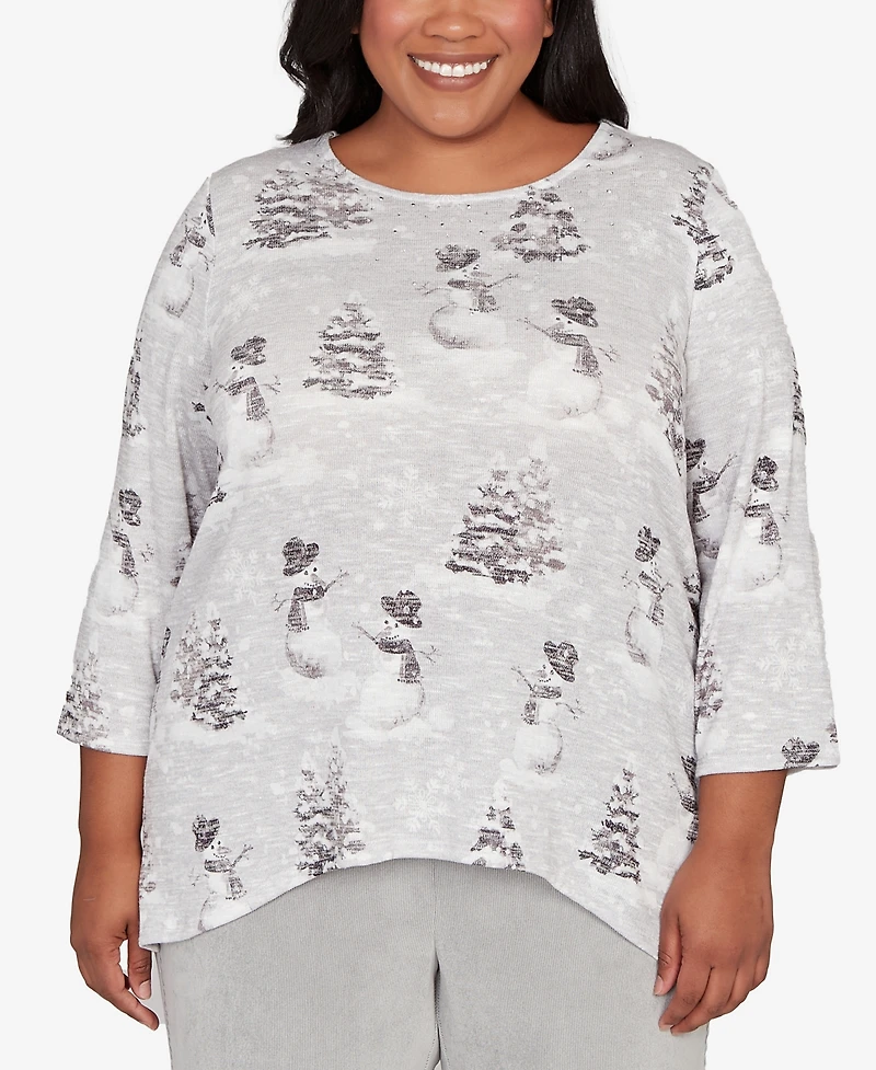 Alfred Dunner Plus Stockbridge Playful Snowmen Scene Knit Top
