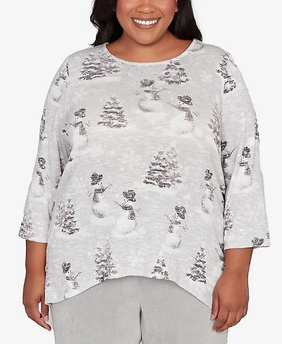 Alfred Dunner Plus Stockbridge Playful Snowmen Scene Knit Top
