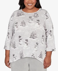 Alfred Dunner Plus Stockbridge Playful Snowmen Scene Knit Top