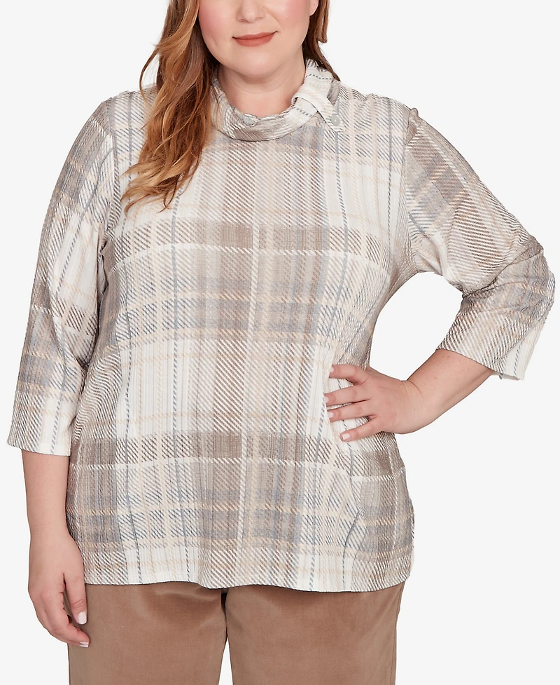 Alfred Dunner Plus Vienna Draped Cowl Neckline Plaid Knit Top