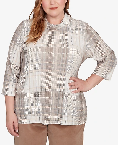 Alfred Dunner Plus Vienna Draped Cowl Neckline Plaid Knit Top