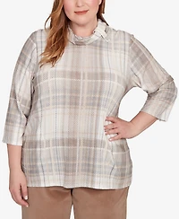 Alfred Dunner Plus Vienna Draped Cowl Neckline Plaid Knit Top