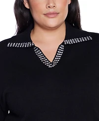 Belldini Plus Rhinestone-Trimmed Split-Neck Sweater