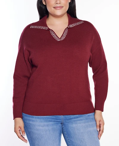 Belldini Plus Size Rhinestone-Trimmed Split-Neck Sweater